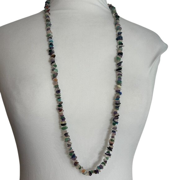 Multi Stone Chip Chippy Necklace Long Strand Semi Precious Gemstones Multi Color - Picture 1 of 8